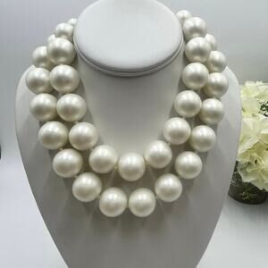 Vintage Large Double Strand Ivory Faux Acrylic Pearl Gold Tone Hook Necklace 20m